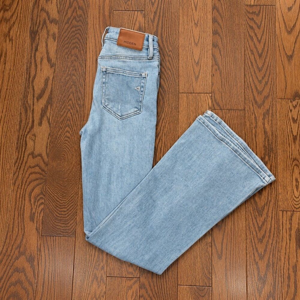 {HIDDEN} light-wash distressed flare-leg jeans, 24.